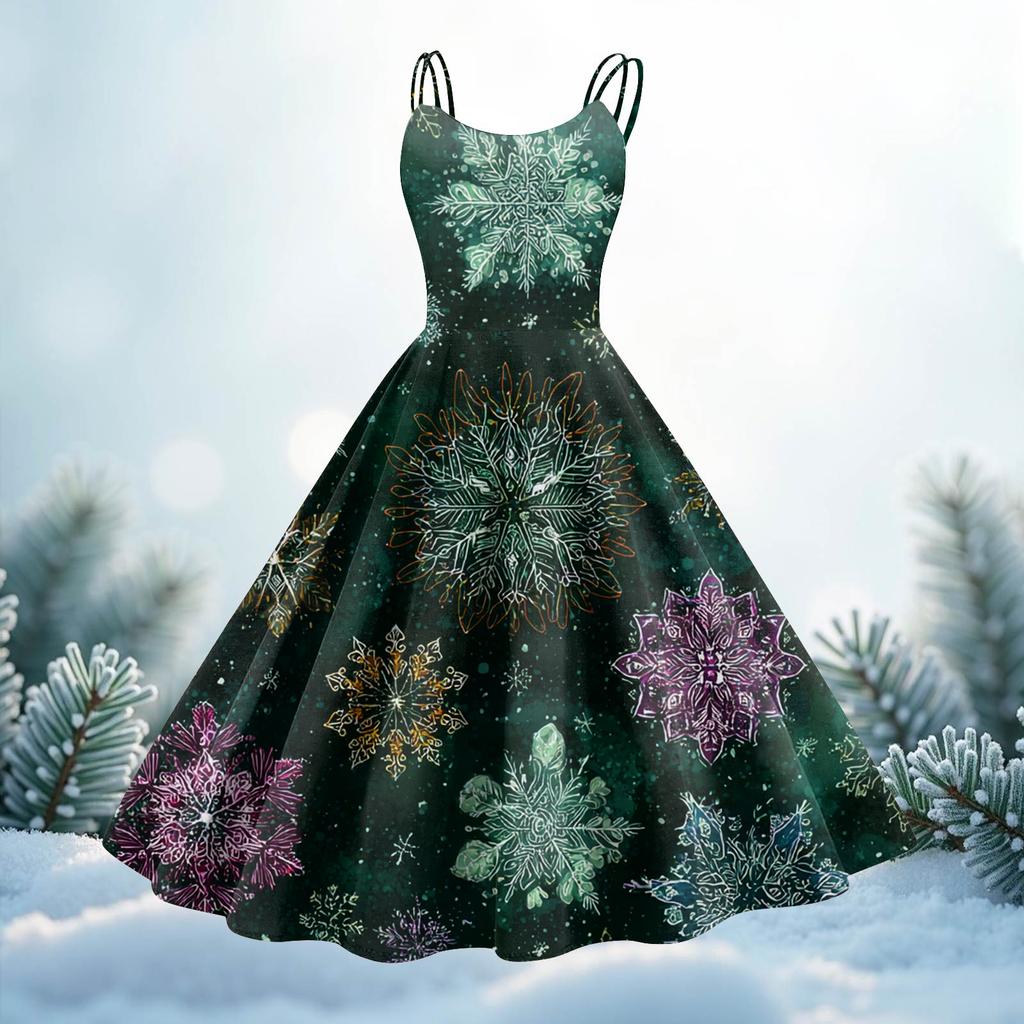 Women's Christmas Print Casual Fashion Round Neck Mid-Length Dress