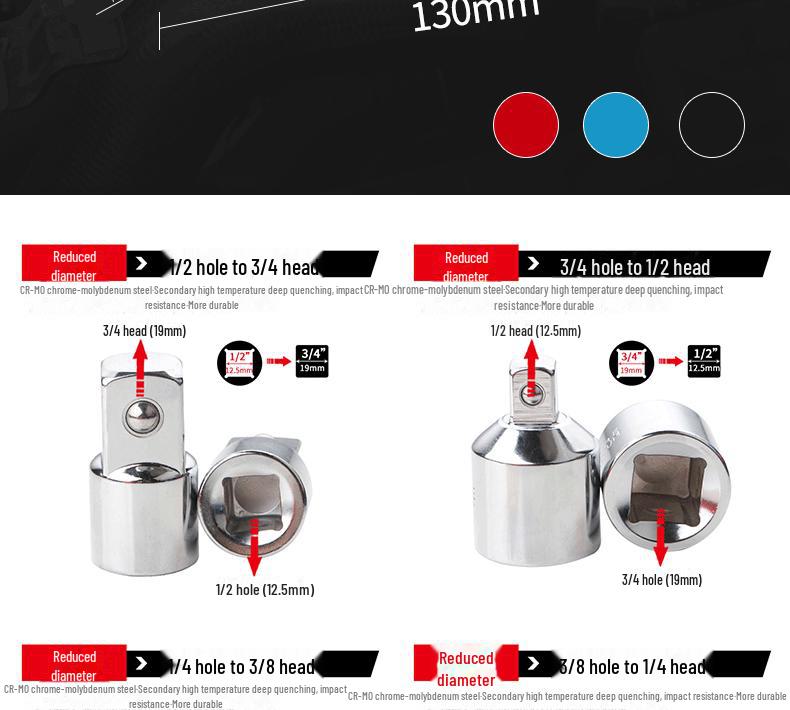 Set adaptor priză CR-V cu 6 piese: Convertoare de chei cu clichet de la 1/2" la 3/8" la 1/4"