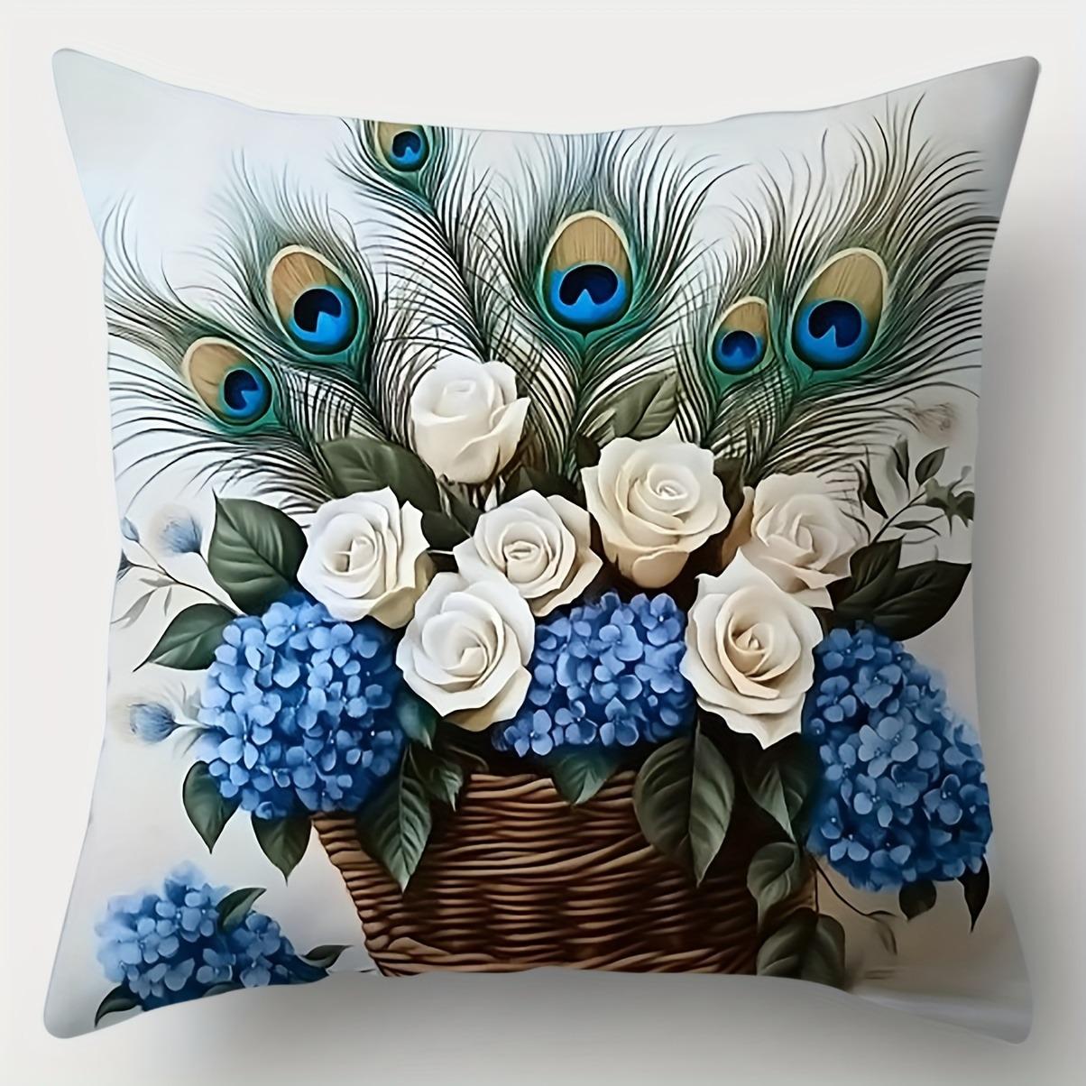 Housse de coussin décorative pour maison motif floral paon bleu de luxe, housse de coussin en polyester pour canapé de salon avec fermeture éclair 45x45cm