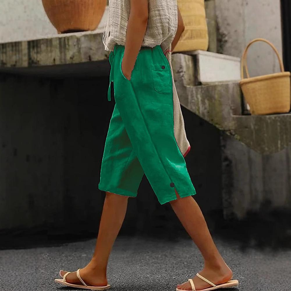 Pantaloni Capri da Donna in Cotone e Lino Monocolore, Vestibilità Larga, Cintura Davanti e Dietro, Tasche Multiple