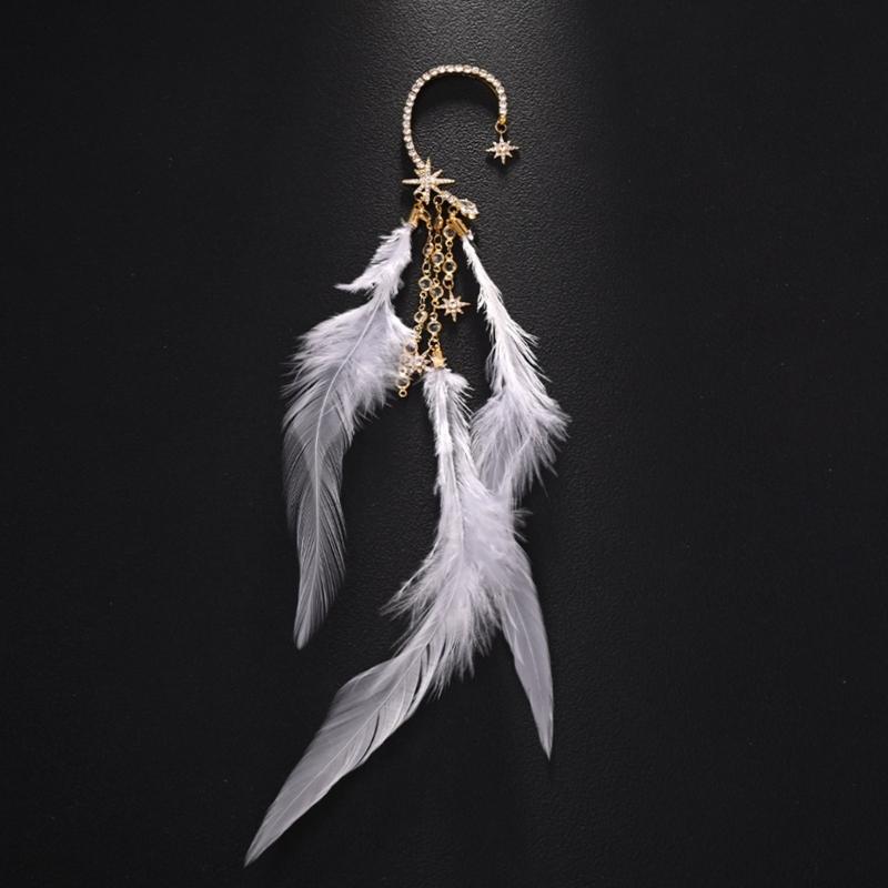 Feather Tassels Earrings with Rhinestones Star Chain Lightweight Ear Cuff Accessories For Women Daily Wear Or Party