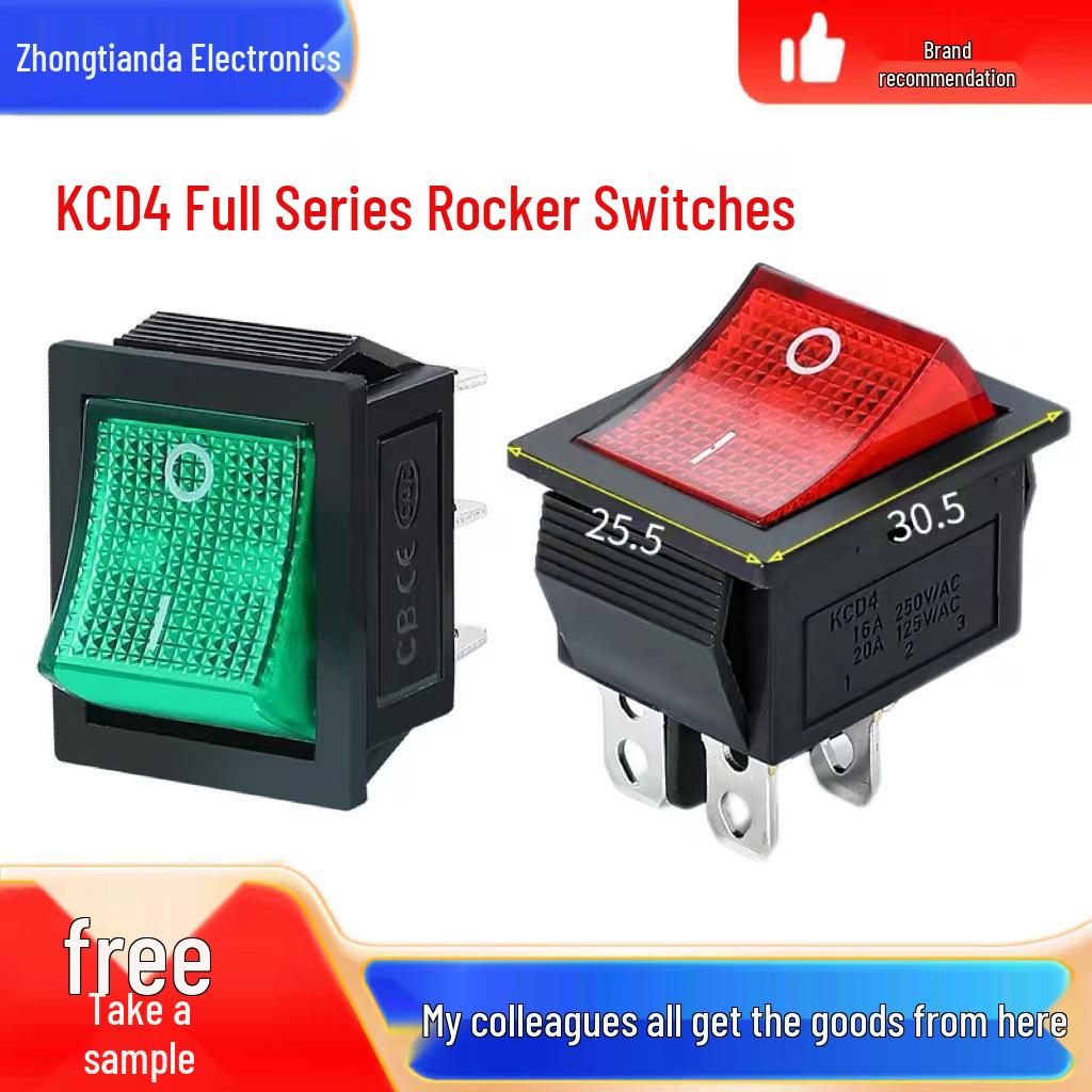KCD4 Rocker Switch, Double Pole, 16A, 4/6 Pin with Light