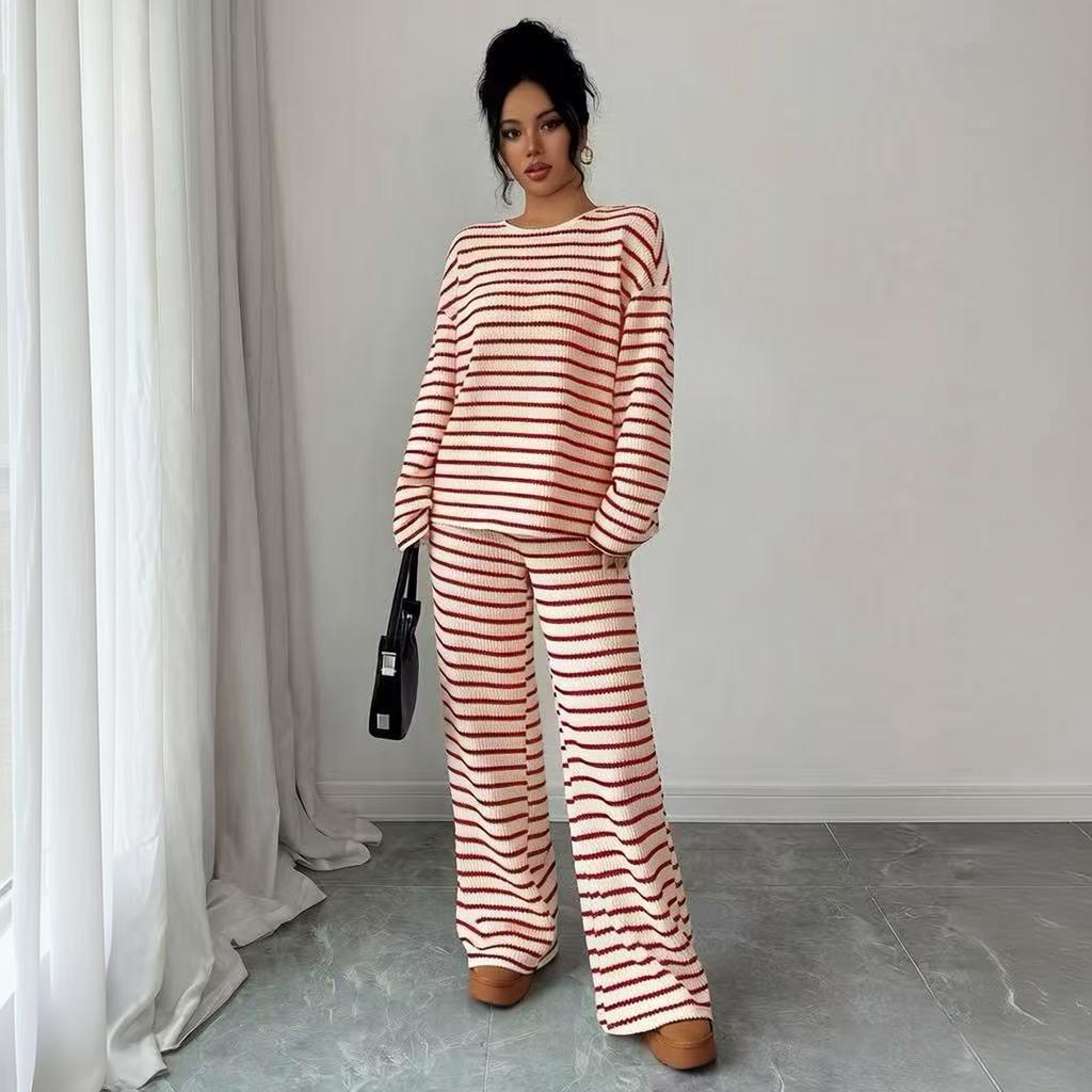 Women's Striped Casual Long Sleeve Top and Wide Leg Pants Set for Fall Winter