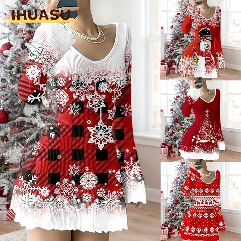 IHUASU Fashion Autumn Winter Long Sleeve U-Neck Casual Dresses