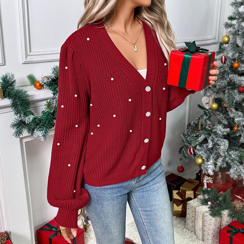 YYFS Maglioni Casual alla Moda da Donna per Autunno Inverno con Stampa Pois e Maniche Lunghe Scollo a V