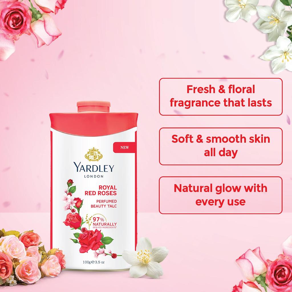 Yardley London Royal Red Rose Perfumed Talc for Women 250g Pack of 1 Luxury Fragrant Powder