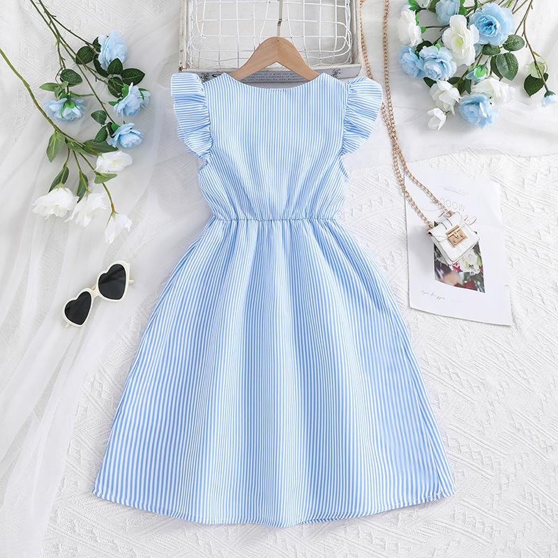 Girl 6-12y Summer Fashionable Fly Sleeve Striped Princess Dress Children's Dresses Casual Dress