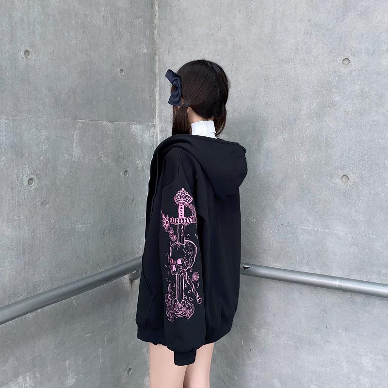 Retro Black Printed Zipper Hoodie: Women's Korean, European, & American Style Sweatshirt