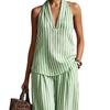 Women's Summer Striped Two Piece Set Sleeveless Halter Neck Top And Long Pants Matching Sets Casual Travel Vacation Outfits