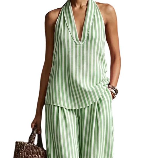 Women's Summer Striped Two Piece Set Sleeveless Halter Neck Top And Long Pants Matching Sets Casual Travel Vacation Outfits