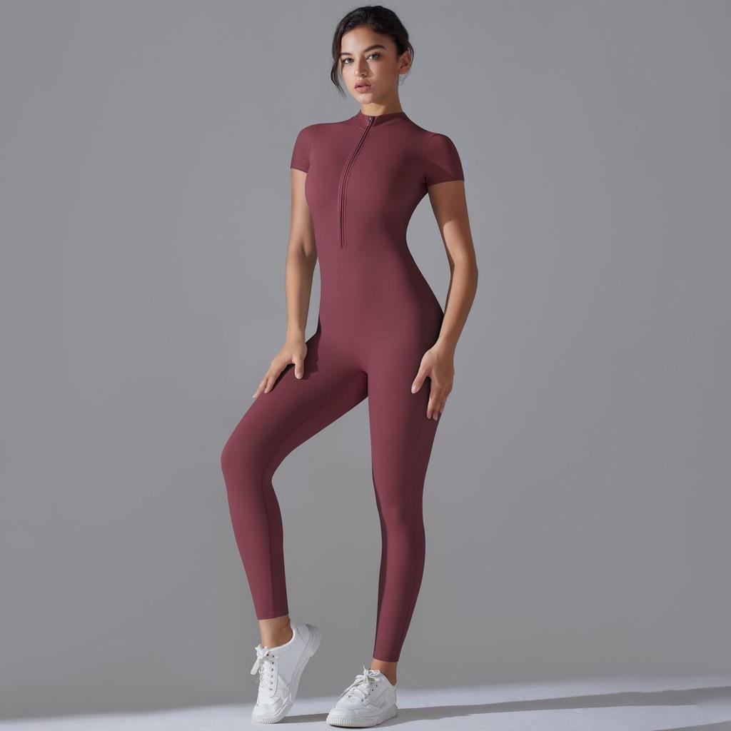 Solid Color High Elastic Half-Zip Short Sleeve Bodysuit for Sexy Fitness