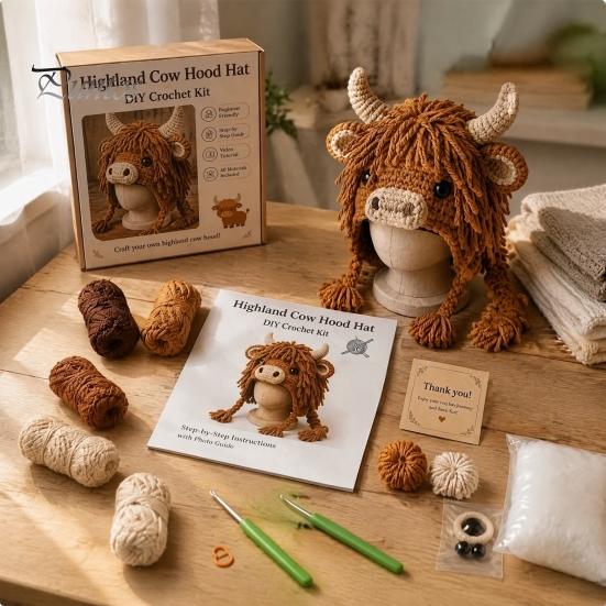Cute Animal Hat Pattern Highland Cow Crochet Kit, Halloween Pumpkin Spider Hood DIY Kit Handmade Craft for Adults Teens Creative Hobby Gift