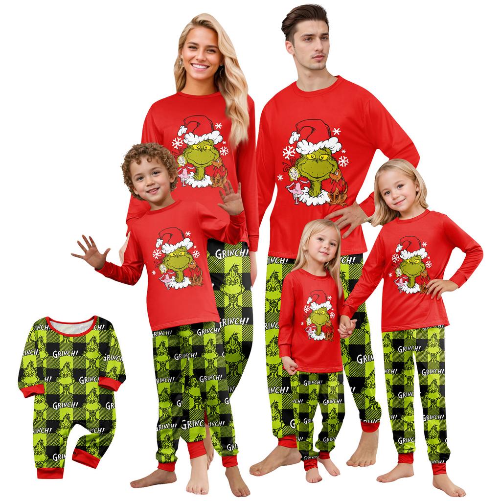 Matching Family Christmas Print Pajama Set Long Sleeve Neck Top and Long Pants Loungewear Set