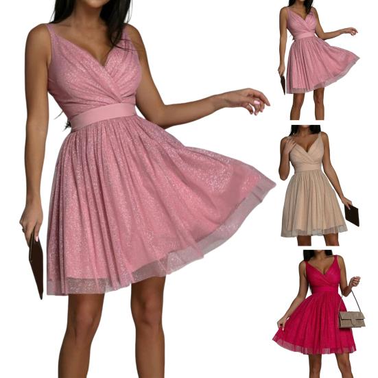 Lady Petticoats Übergröße Bankettkleid Mesh Ärmellos Glänzend Großer Saum Tiefer V-Ausschnitt Sommerkleid Bühnenshow Kleidung