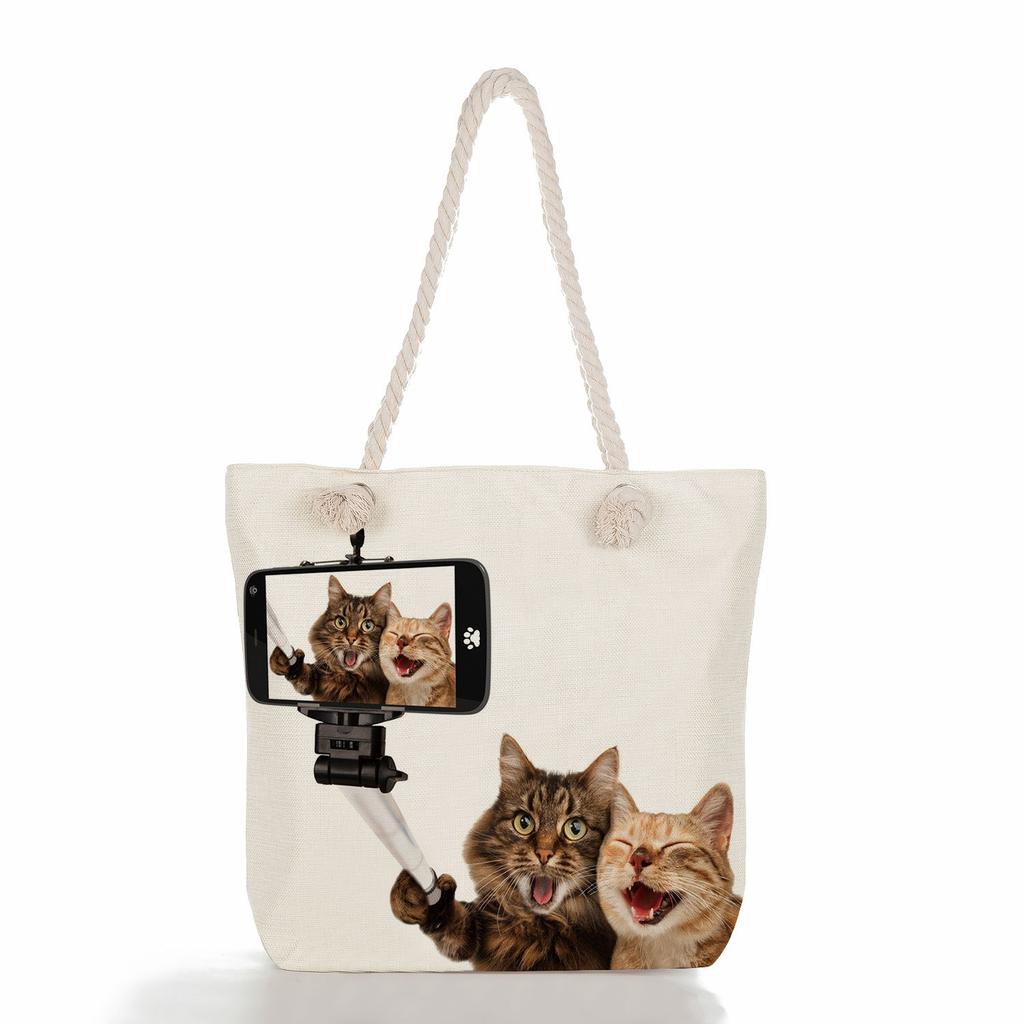 Cute Cats and Dogs Print Thick Rope Single-shoulder Beach Bag 7225
