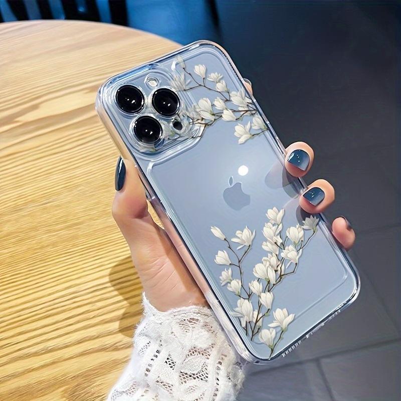 Magnolia pattern transparent phone case suitable for iPhone 17 16 15 14 13 12 11 Pro/Max/Plus anti drop and shockproof