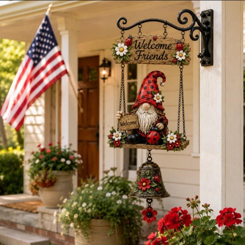 Garden Gnome Bell Hanging Ornament Country Style Resin Decor for Front Door Patio Yard красный