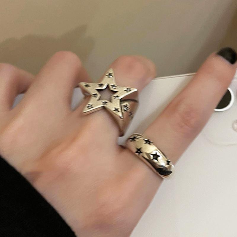 Vintage Herz Pentagramm Offener Ring für Damen Süß Kühl Alt Gemacht Hohl Liebesstern Persönlichkeit Fingerzubehör Mode Schmuck