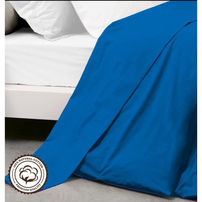 Drap Plat - Bleu Marine - 240x300 cm - 100% Coton - 2 Personnes - Lavable en machine