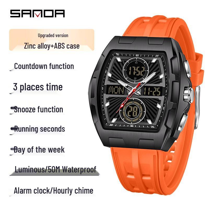 SANDA Men's Steel Band Dual Display Watch with Multi-Time Zone, Night Glow, and Waterproof Features