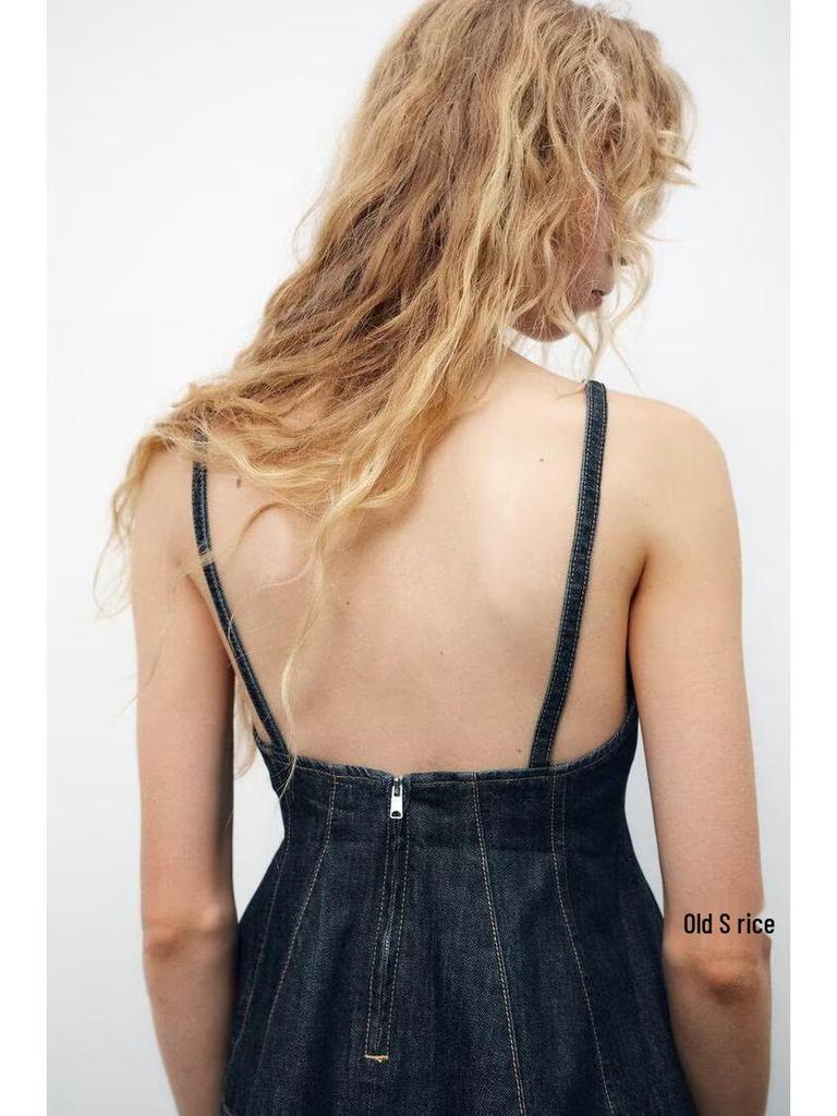 2025 Spring Women's European & American Style Sexy Wavy Hem V-Neck Spaghetti Strap Denim Top