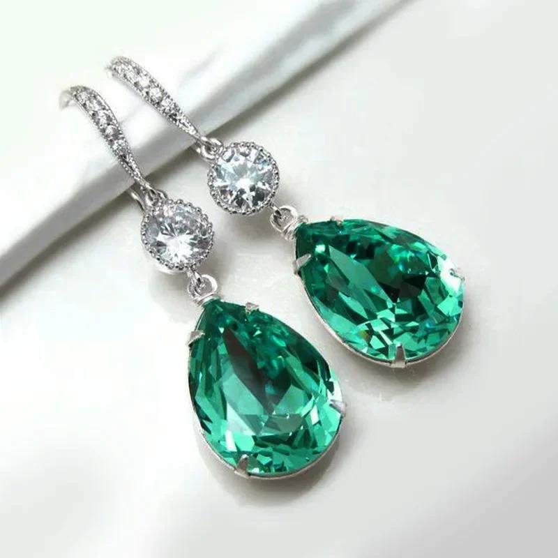 Luxury Square Green Cubic Zirconia Crystal Pendant Earrings Exquisite Fashionable  Women'S Wedding Jewelry