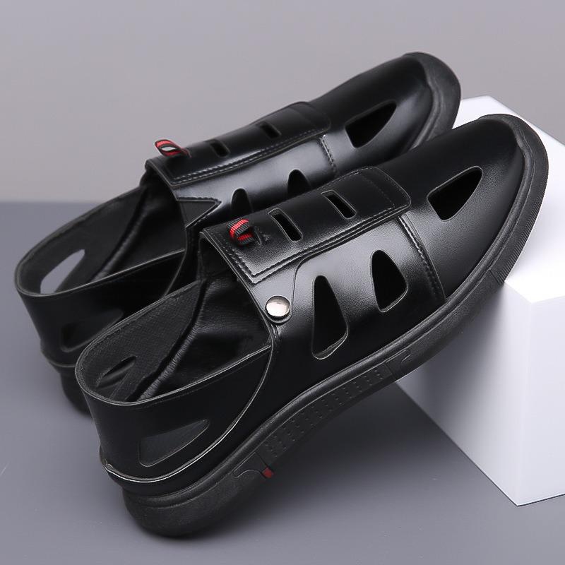 Sandals summer fashion leather surface breathable casual shoes outdoor soft sole soft surface simple black and white hole shoes