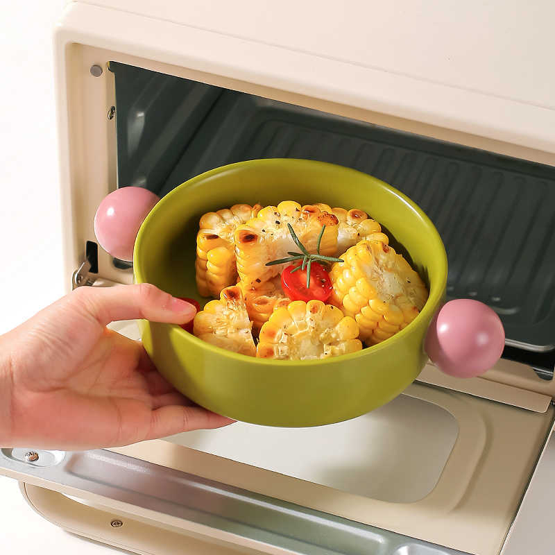 Creative Contrast Color Salad Bowl Ceramic Binaural Handle Bowl Fruit Salad Bowl Instant Noodle Bowl Microwave Oven Baked Rice Bowl
