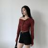 New Arrivals Open Run Women Slim Fit Stripe Off Shoulder Long Sleeve Top Snap