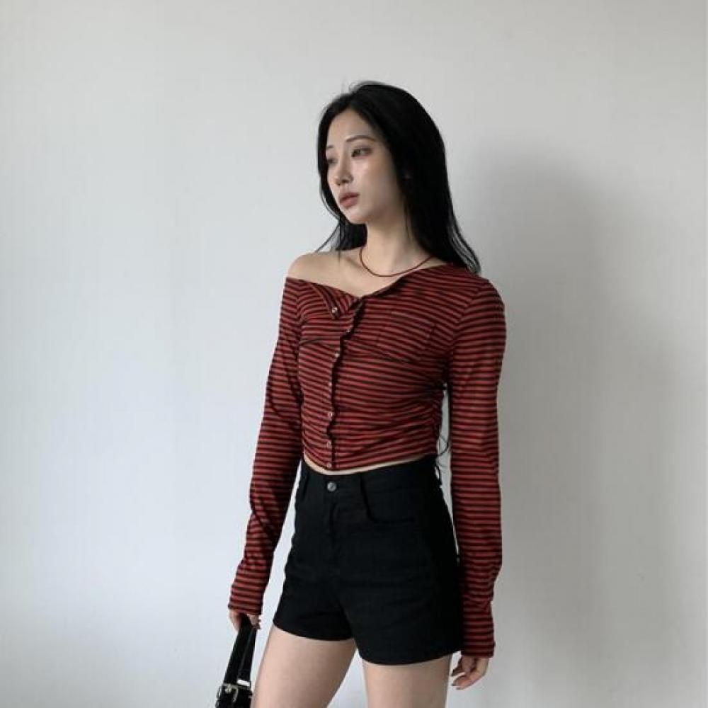New Arrivals Open Run Women Slim Fit Stripe Off Shoulder Long Sleeve Top Snap