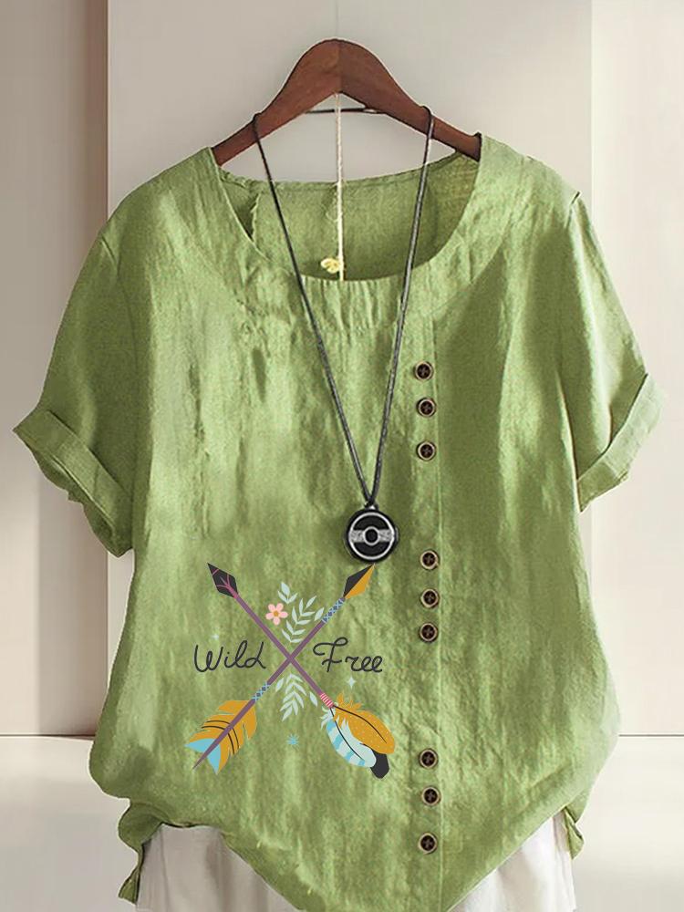 

Women s Fashion Feather Arrow Alphabet Print Round Neck Short Sleeve T-shirt Summer Casual Cotton Linen Graphic Shirt Leisure Loose Blouse Tops 5XL зелений