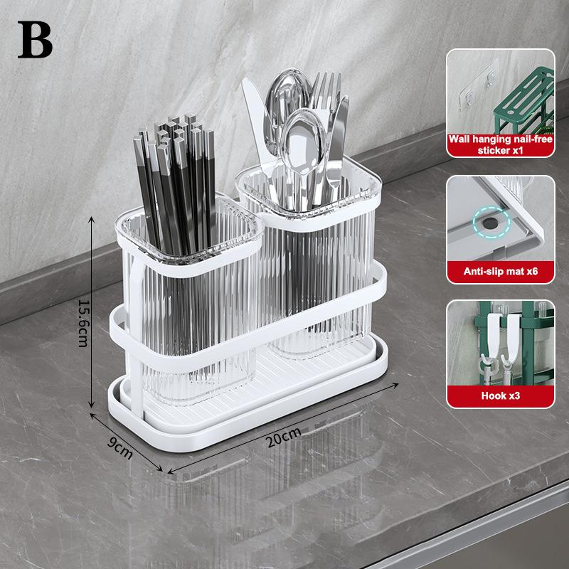 Wall Mounted Kitchen Cutlery Organizer Knife Spoon Fork Chopstick Drain Rack Drainer Utensil Kitchen Storage Punching Free