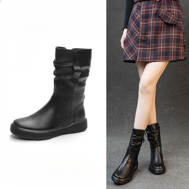 Simple Shoes Versatile Boots Women's Mid-calf Boots Breathable Chunk-heeled Thick-soled Boots
