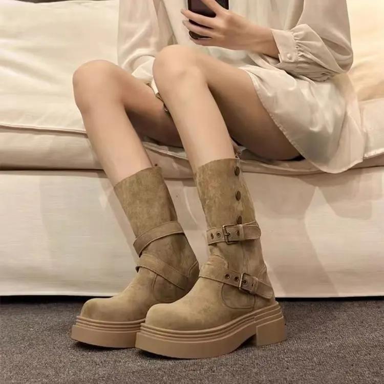 British Women's  New Spring and Autumn Single Boots Retro Two In One Mid Length Boots Thick Soled Black Short Boots