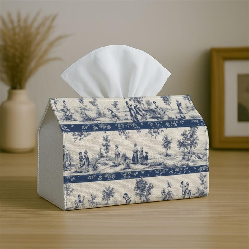 1pc Classic Scenic Vintage Tissue Holder - Toile Landscape In Blue And White, Sturdy Napkin Organizer for Vehicle, Kitchen, Dining, And Home Decoratio