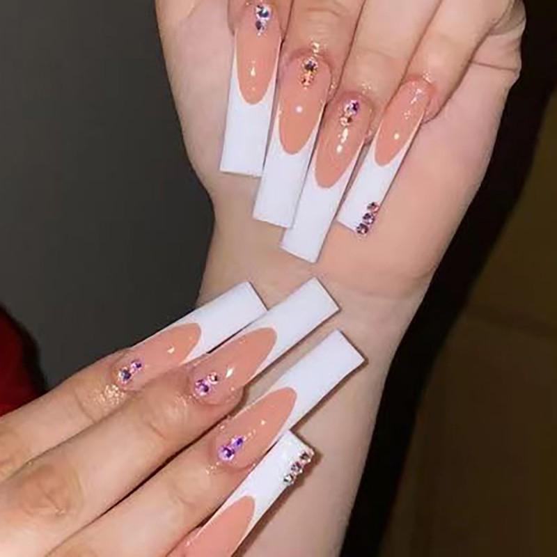 Disposable Press-On Nails With Rhinestone Accents French Tip White Edge Minimalist Style Glue Gel Adhesive Options