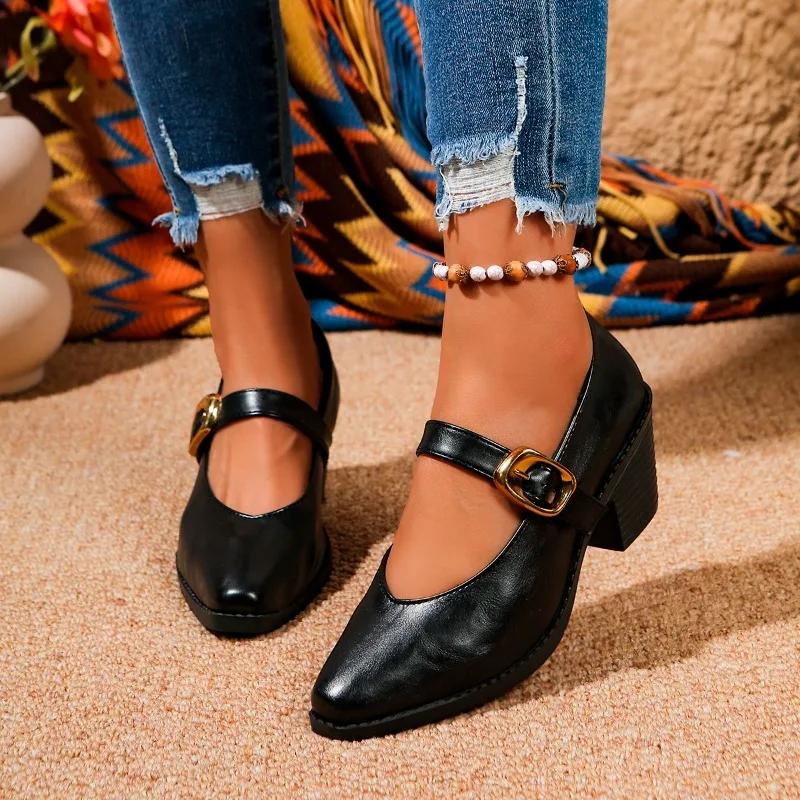 

Fashion Plus Size 2025 Retro Mary Janes Women s High Heels Shallow Hot Sale Chunky Heels Buckle Strap Pumps Versatile Dress & Career 43 чёрный