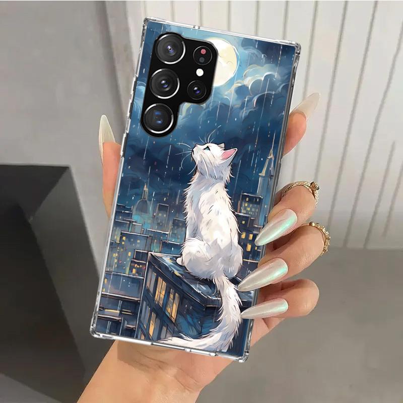 Anime Cat Rain Animal Phone Case for Samsung Galaxy S26 S24 S23 Ultra S25 Edge S22 S21 Plus S20 FE + Soft Print Shell Funda Gala