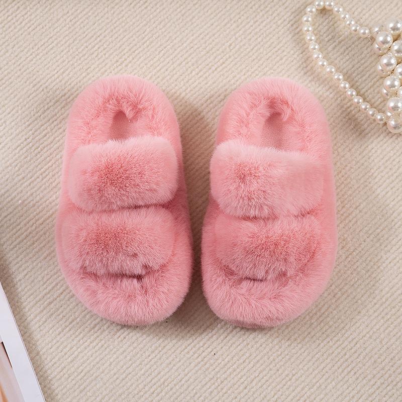 Children's Slippers Girls Open Toe Plush Fur Shoes Kids Soild Warm  Indoor Non Slip Rubber BottomMulti-style Cotton Slipper