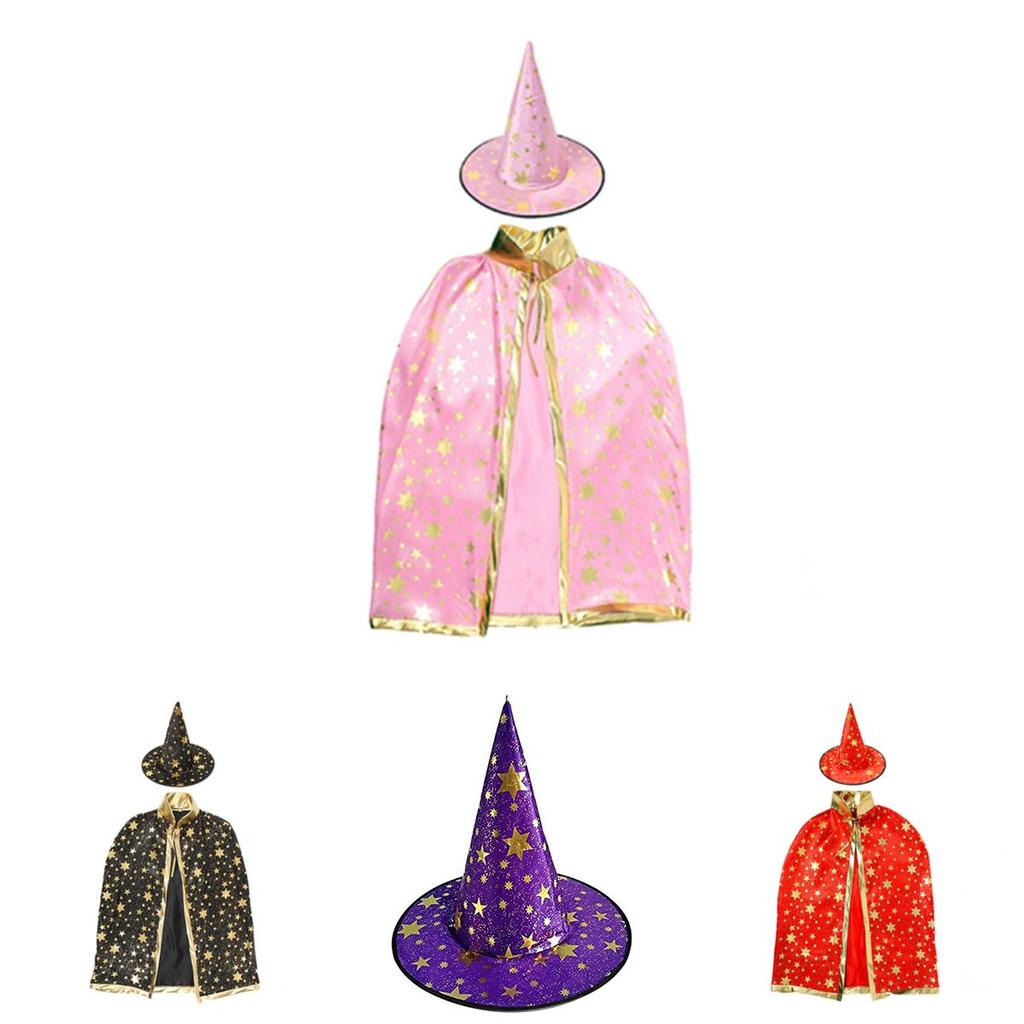 Halloween Cosplay Wizard Cape For Kids With Dazzling Star Pattern And Hat