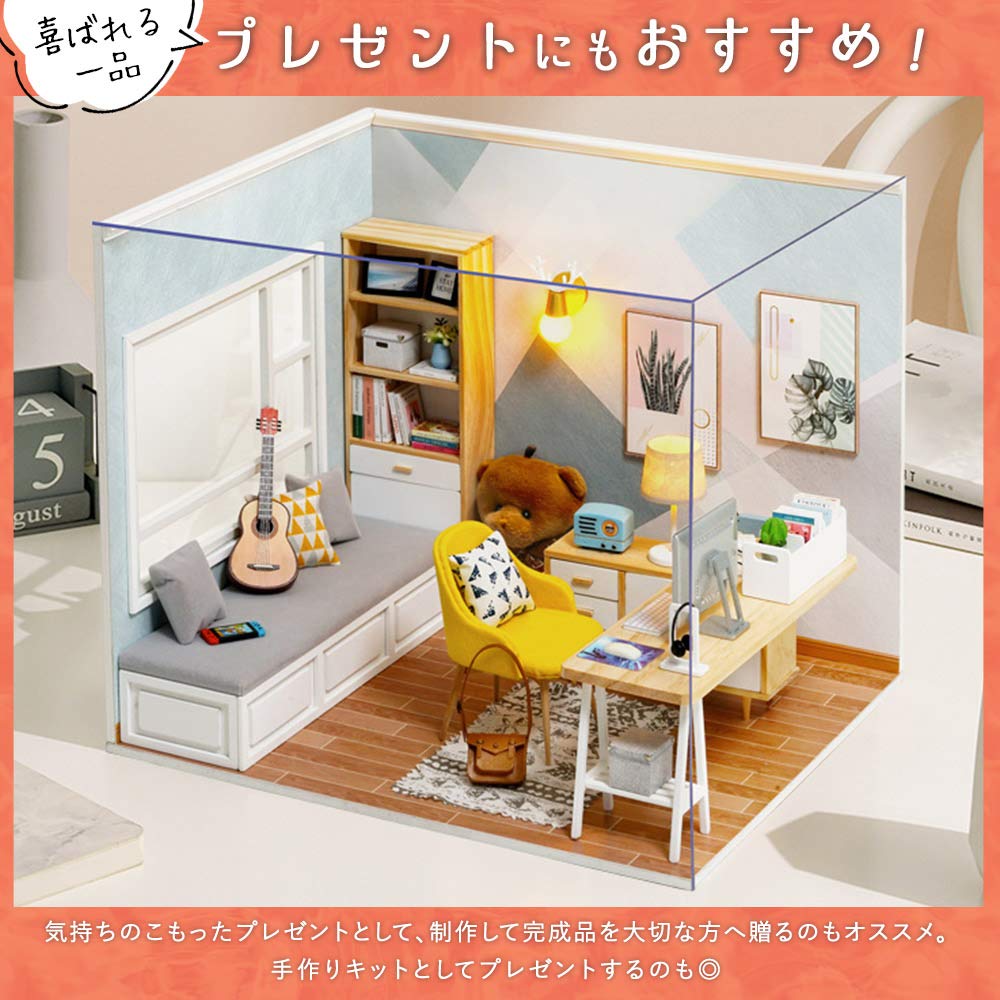 Moin Moin Scale Dollhouse Miniature DIY Kit Sunshine Bear Doll House LED Light Acrylic Case Building Tools 1/12 Set, Room, + + (Product Code