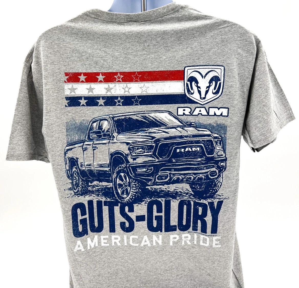 XL Gray T-Shirt w/ Dodge Ram Truck &  Guts Glory American Pride  - Licensed 2XL