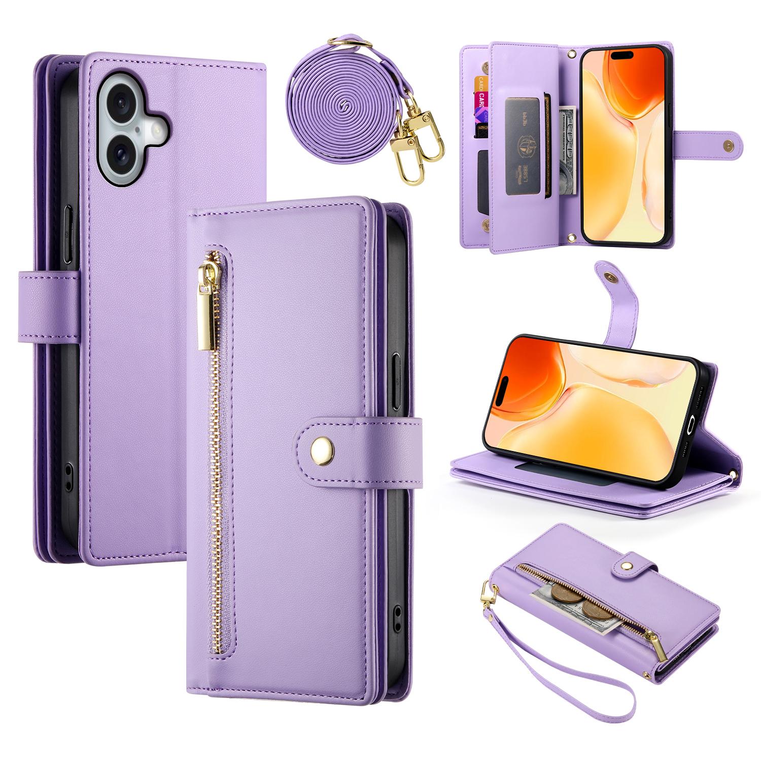

DF-011 Чехол для iPhone 16 Plus Кожаный кошелек с карманом на молнии Чехол для телефона с ремешками Purple
