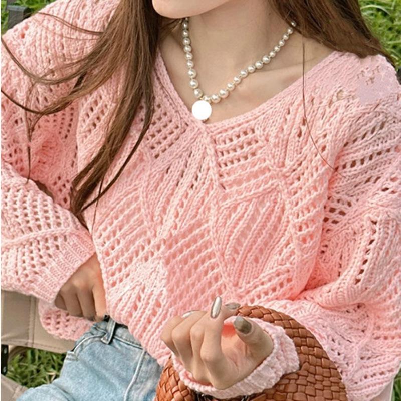 Hollow Out Knitted Sweater for Women In Spring Summer Korean Style Design Solid Color Diamond Grid Lazy Style Sweater Base Sunscreen Cover Shirt