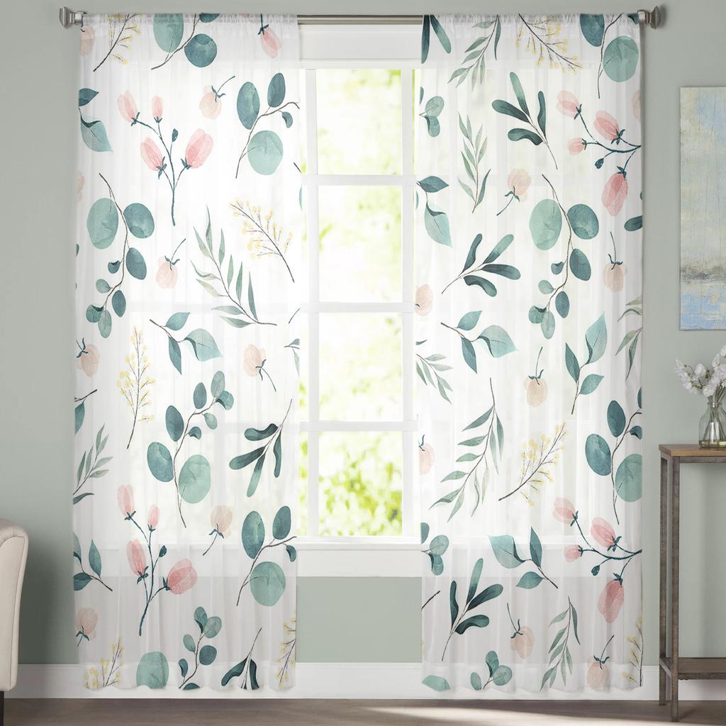 Summer Plant Green Leaf Watercolor Bedroom Curtains Tulle Sheer Curtain Living Room Home Decor Voile Drapes