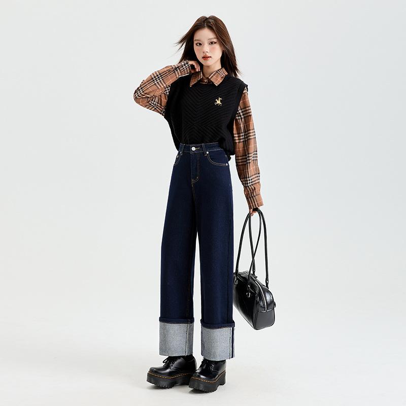 Denim blue curled narrow version straight jeans women's autumn and winter new small design sense high waist nine-point pipe pants