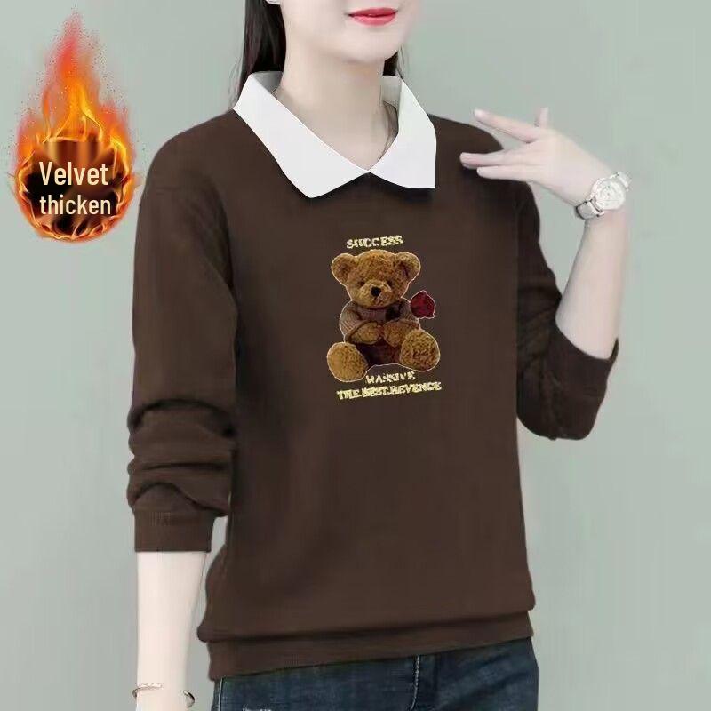 2025 Autumn/Winter Women's Plus Size Velvet Polo Collar Long Sleeve Cartoon Print Sweater