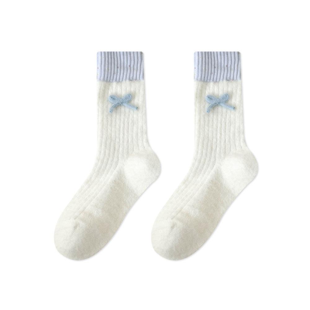 Soft Plush Sleep Socks Bowknot Warm Home Socks Simple Middle Tube Socks  Indoor Use