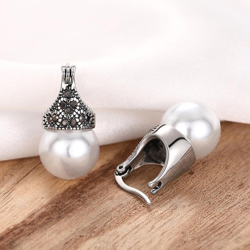 Antique Silver Plated Hollow Marcasite Inlaid Large Round White Imitation Pearl Clip on Earrings Banquet Ladies Accessories