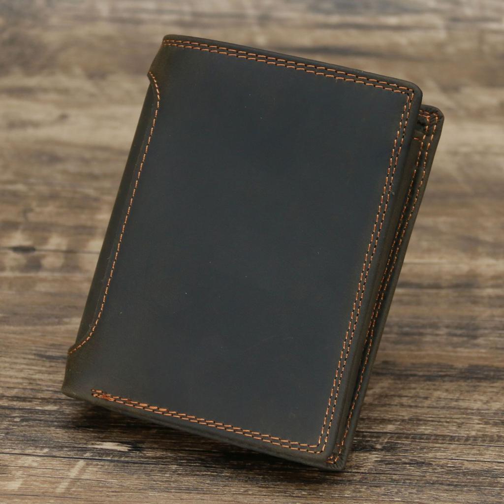 Men's Leather Vertical Wallet, Crazy Horse Wallet, Trendy Layer, Cowhide Wallet, Retro Style, Student Wallet